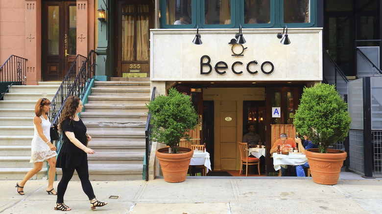 Pedestrians passing Becco on 46th Street in Manhattan