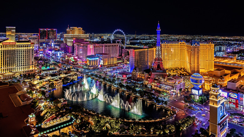 View of Las Vegas lights at night, High Roller visible