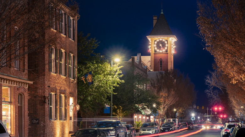 City Hall clocktower at night in New Bern, NC