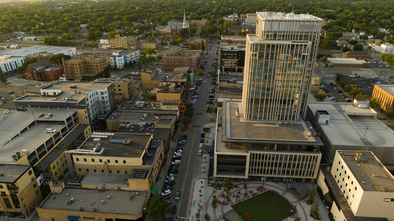 Aerial view of downtown Fargo with the Block 9 tower