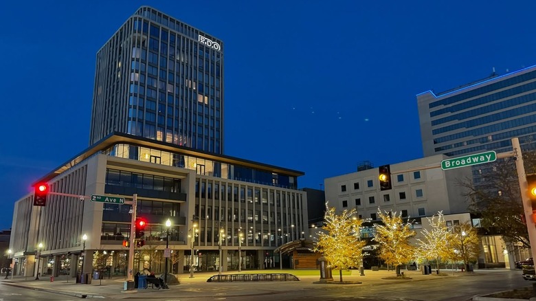 View of the Jasper Hotel and neighboring plaza in Fargo