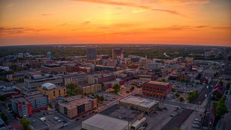 An aerial view of Fargo at sunset