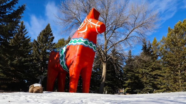 Bright red Dala horse at Scandinavian Heritage Park