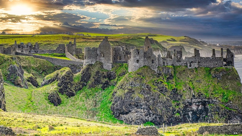 View of Dunluce Castle, a medieval castle near Bushmills, Northern Ireland