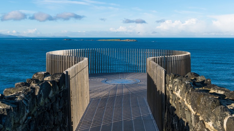 The platform of the Magheracross Viewpoint during the day, located near Bushmills, Northern Ireland, along the Causeway Coast