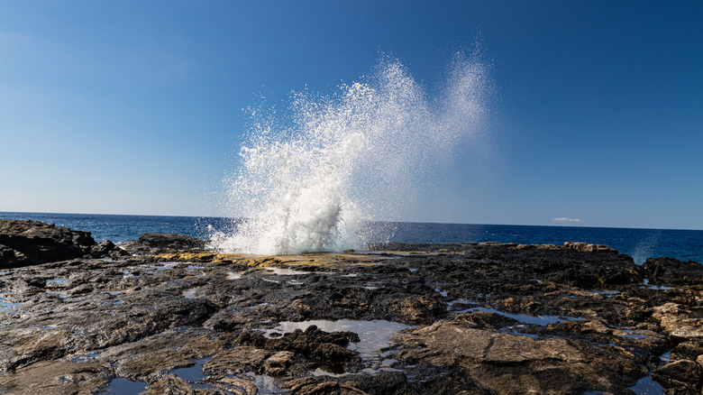 View of geyser spraying up out of the lava rock at Keahole Point