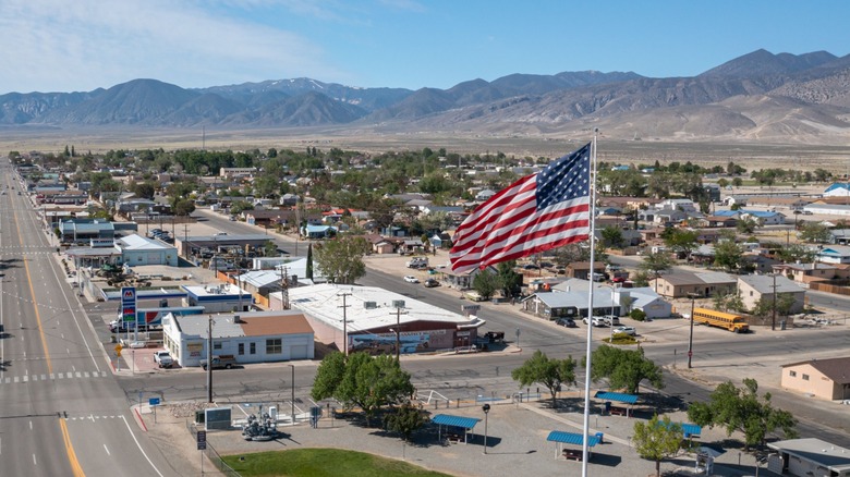 Hawthorne, NV aerial view with mountains in background.