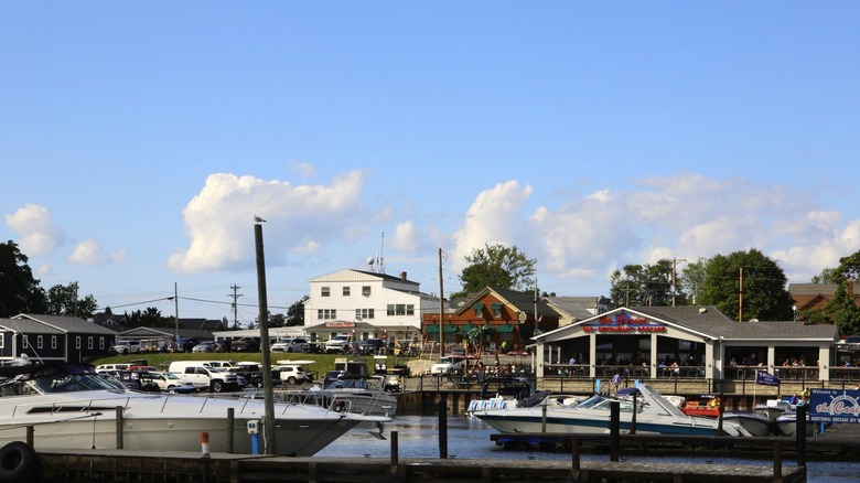 Kelleys Island marina landscape with waterfront restaurant