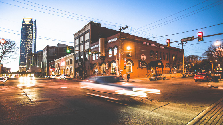 Cars driving down the street in Bricktown, Oklahoma