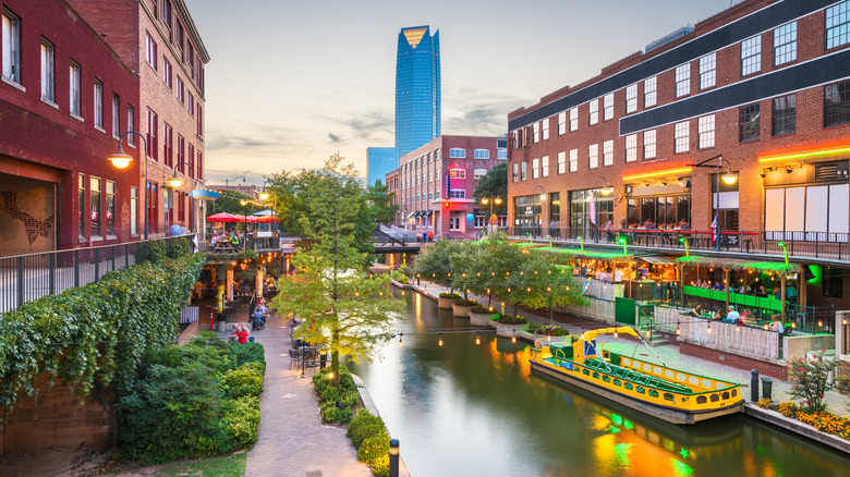 Restaurants and shops along a canal in Bricktown, Oklahoma