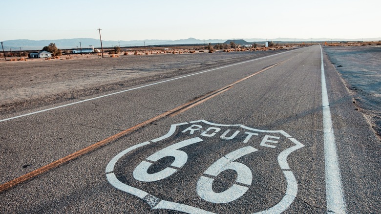 Route 66 sign painted on the iconic highway