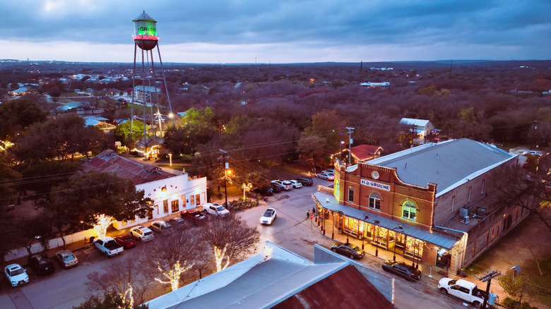 Aerial shot of Gruene Texas at dusk