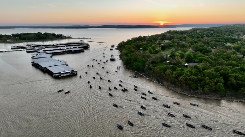 Overhead shot of Eufaula Lake with fishing boats