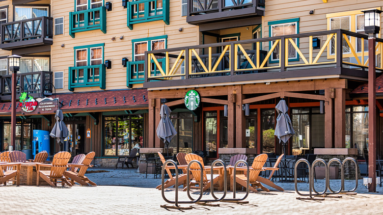 A sunny day shines on the Village at Snowshoe Resort