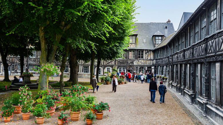 Half-timbered buildings and trees in the courtyard of Aître Saint-Maclou ossuary in Rouen.