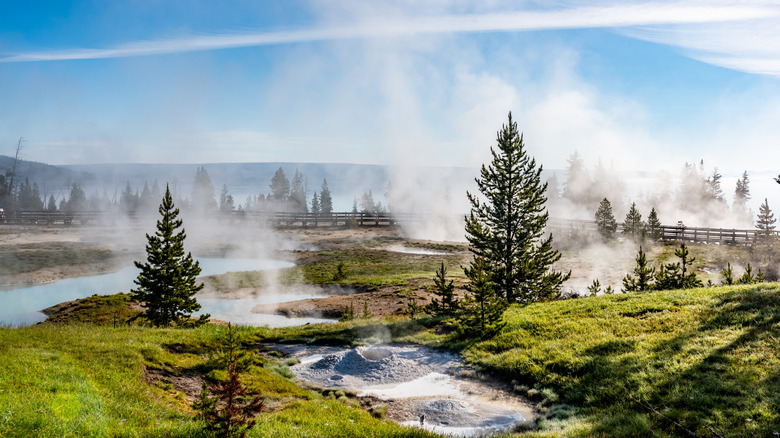 Steam rising mountain hot springs