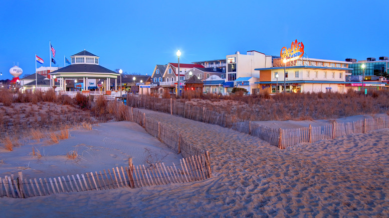 View of the Rehoboth Boardwalk from the beach in Delaware