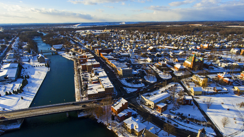 Aerial view of snowy Seneca Falls