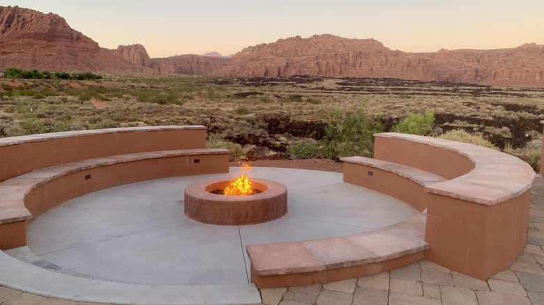 Fire pit at Red Mountain Resort with canyon backdrop