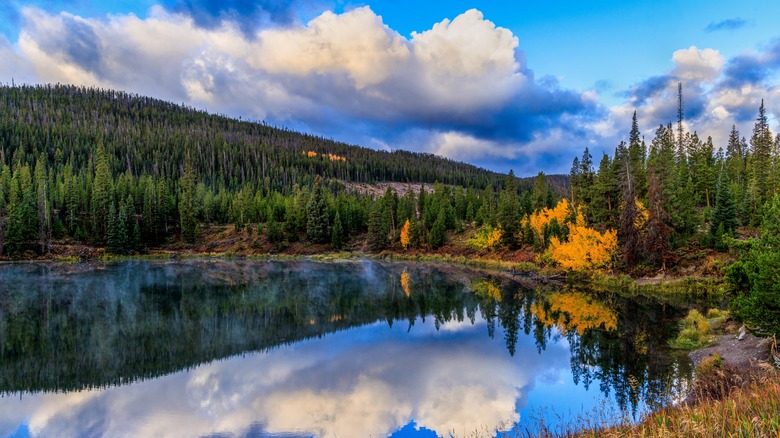 Reflective lake in mountains