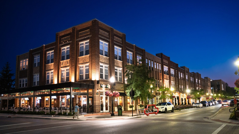 A building in Carmel, Indiana at night