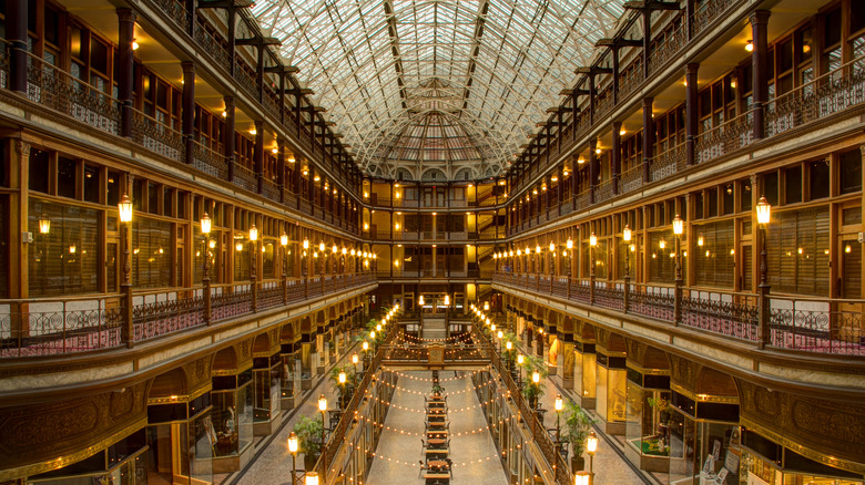 The golden interior of The Arcade in Cleveland, Ohio