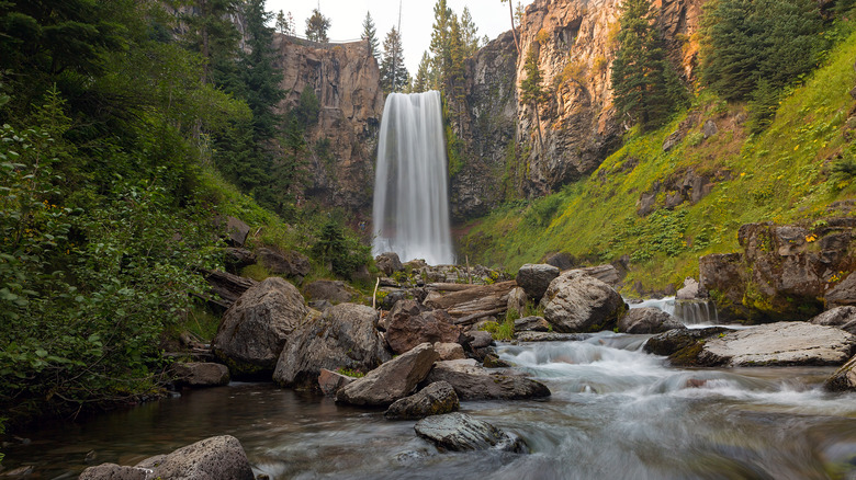 A straight on view of Tumalo Falls during the summer season.