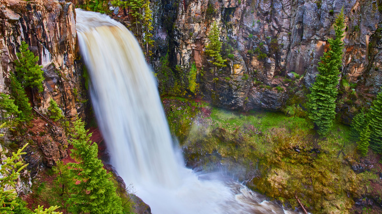 An aerial, angled view of Tumalo Falls in Deschutes Nation Forest.