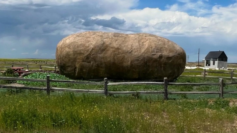 The exterior of the Big Idaho Potato Hotel with a cow in front