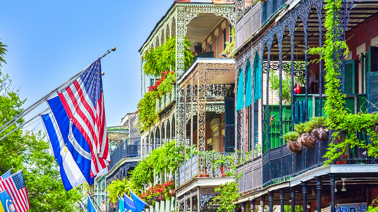 Colorful buildings with wrought iron balconies in the French Quarter, New Orelans