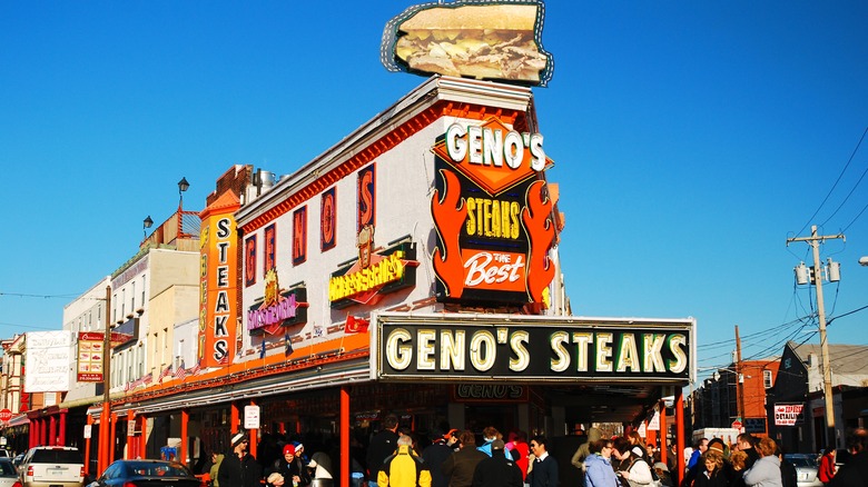 A crowd outside of Geno's cheesesteaks in Philadelphia