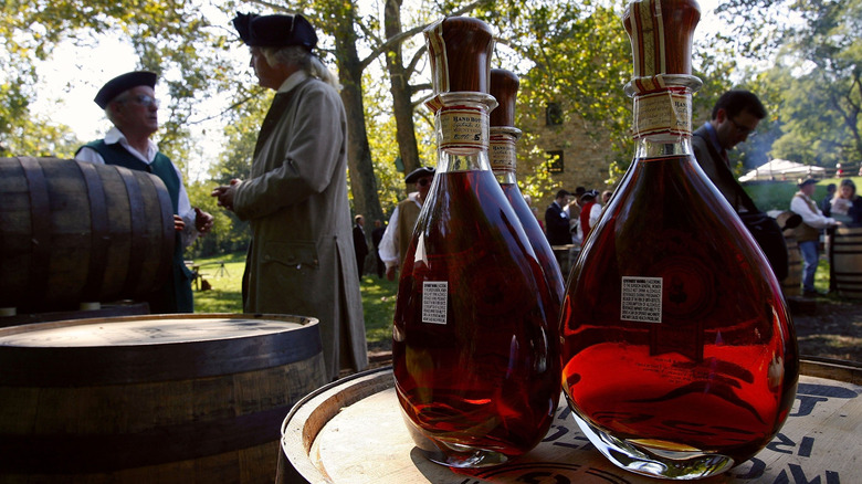 Bottled whiskey and colonial actors on the grounds of Mount Vernon, Virginia