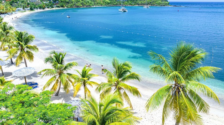 Clear blue water and white sand on a beach in Antigua