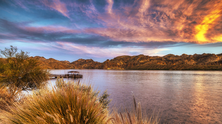 Saguaro Lake near Pebble Beach in Arizona at sunset