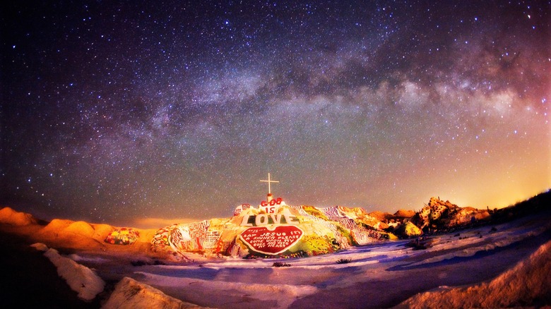 Night sky over Salvation Mountain at entrance to Slab City