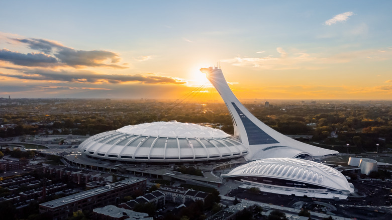 Montreal, Canada's Olympic Stadium and Tower during sunset