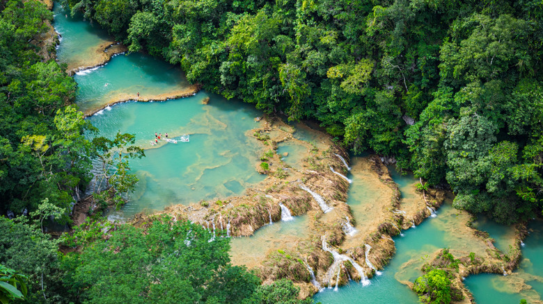 top-down view of the limestone pools of Semuc Champey in Guatemala