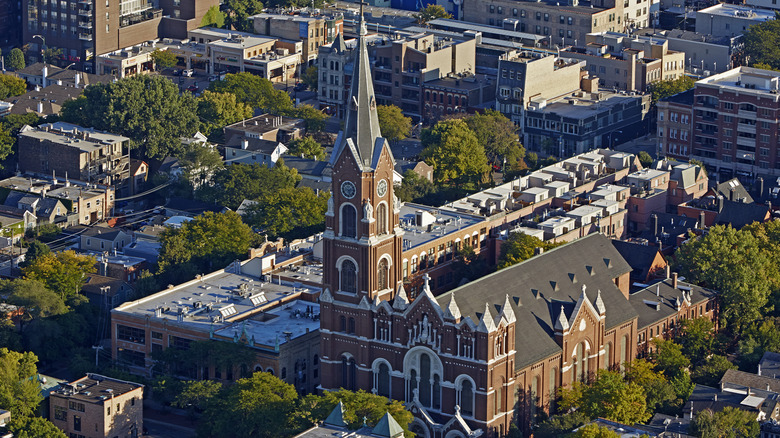 Aerial view of St. Michael Church in Chicago's Old Town Triangle