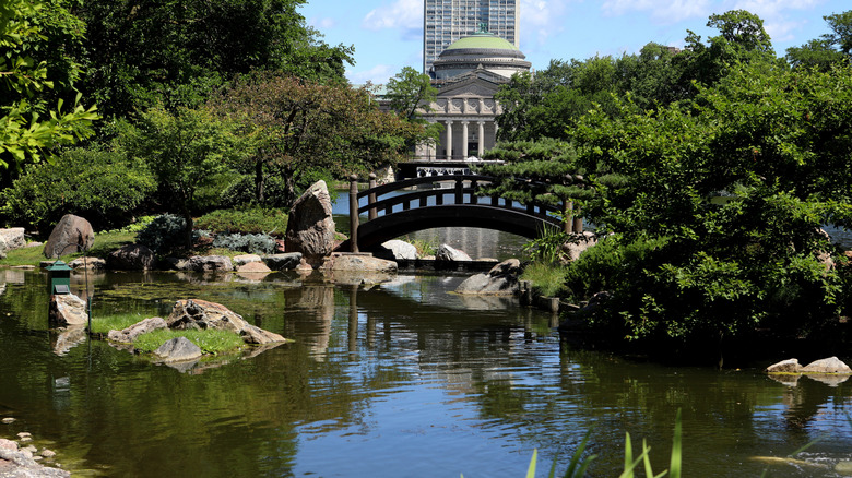 A bridge and pond in the Garden of the Phoenix in Chicago