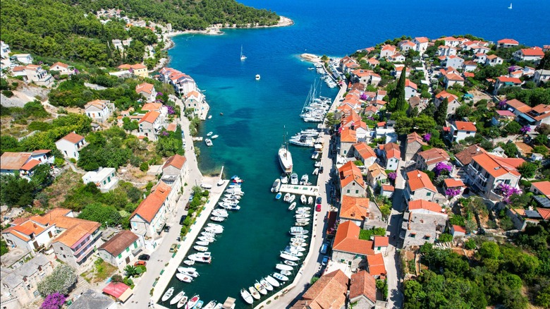 Marina and coastal town with tile orange roofs.