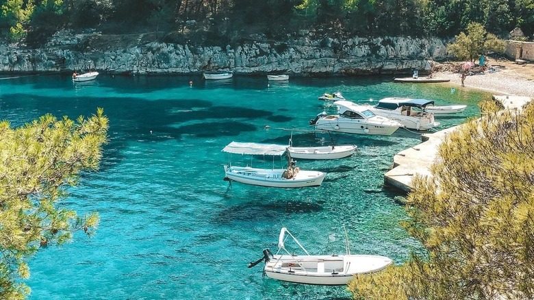 Sailboats anchored in calm bay.