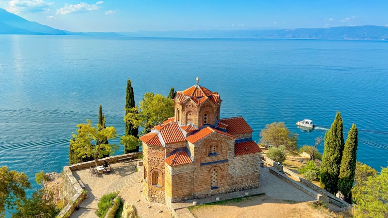 North Macedonia building overlooking lake