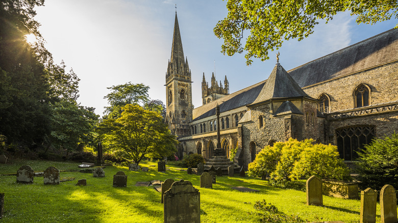 Llandaff Cathedral and surrounding tombstones in Cardiff