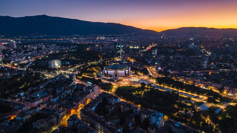 Aerial shot of Sofia after sunset