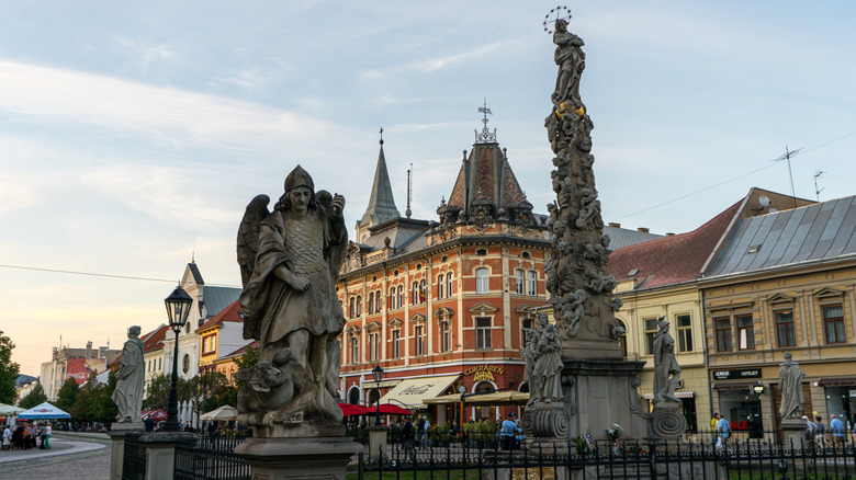 A square with statues and a monuments in Košice, Slovakia