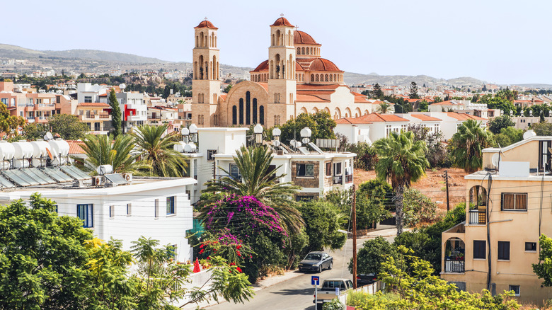 Buildings and tropical trees in Paphos in Cyprus