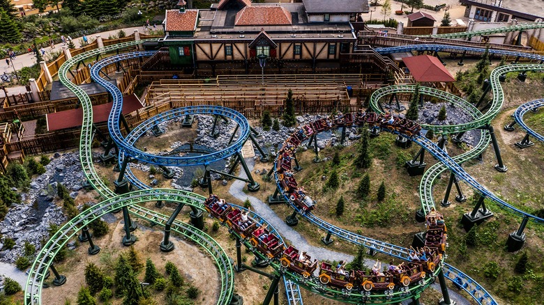 Aerial view of the Max & Moritz family roller coaster at Efteling theme park in the Netherlands