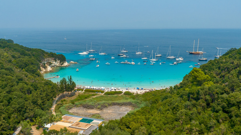 Aerial view of the cove and turquoise water of Vrika Beach in Greece