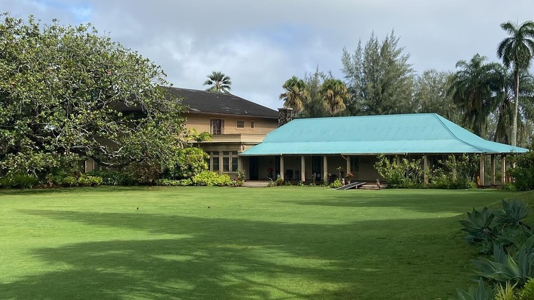 View of the lawn and house at Grove Farm on Kauai