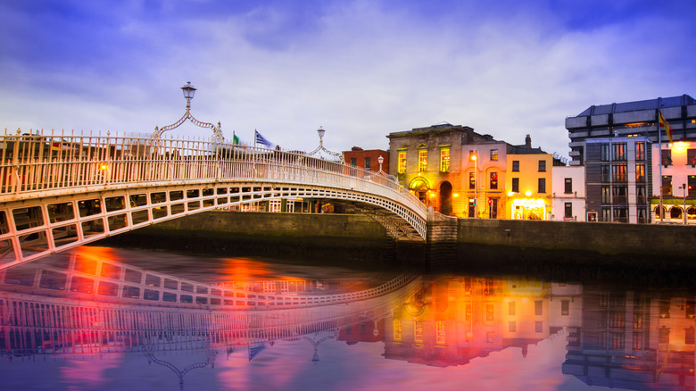 Dublin's Ha'Penny Bridge at dusk, right before sunset